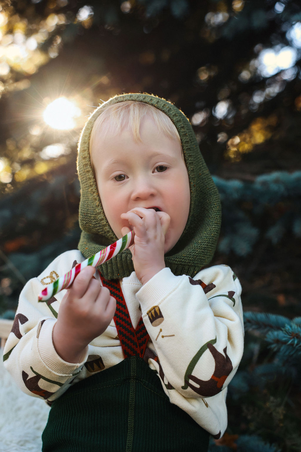 Footless Dark Forest Green Christmas Patterned